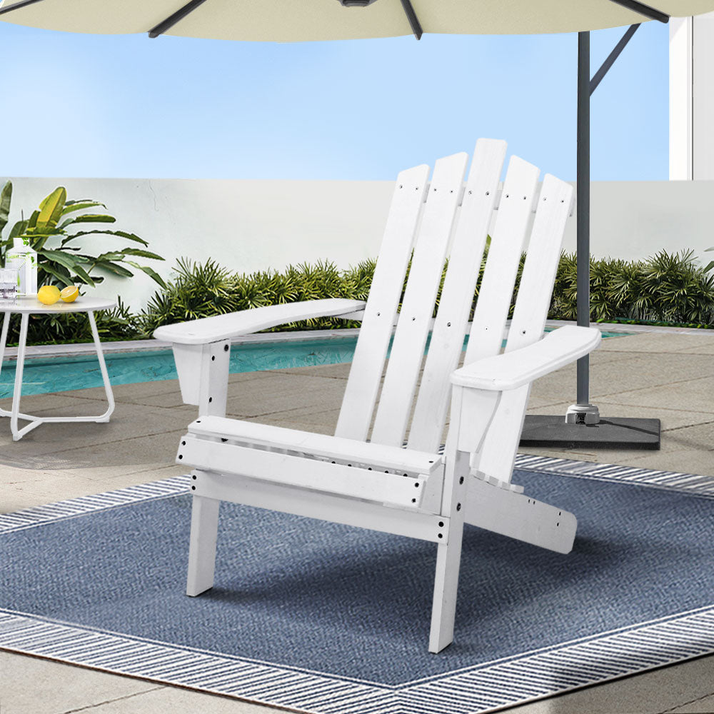 Outdoor Sun Lounge Beach Chairs Table Setting Wooden Adirondack Patio - White - Gardeon
