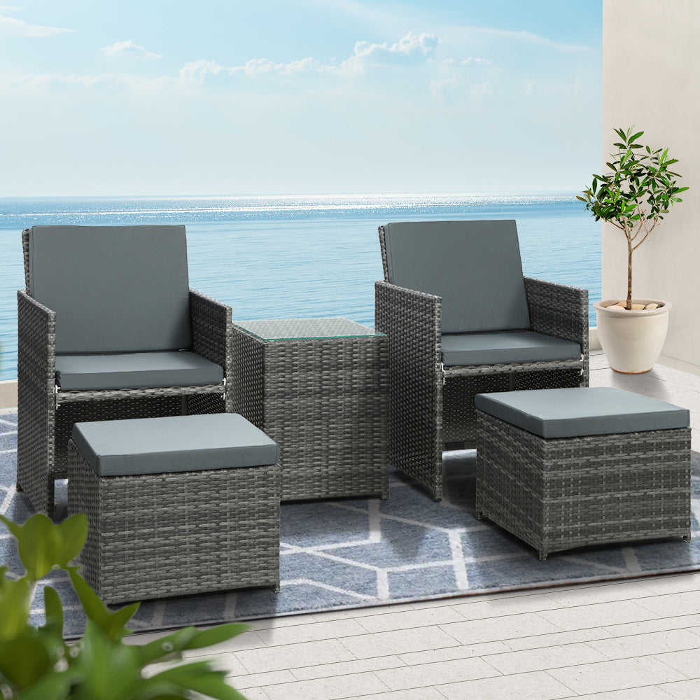 5-Piece Grey Wicker Outdoor Bistro Set with Cushions Table & Ottomans