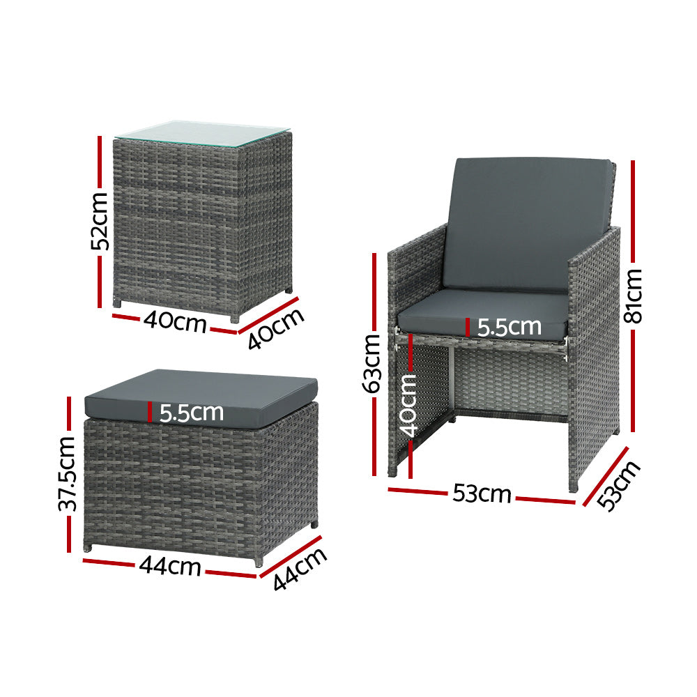 5-Piece Grey Wicker Outdoor Bistro Set with Cushions Table & Ottomans