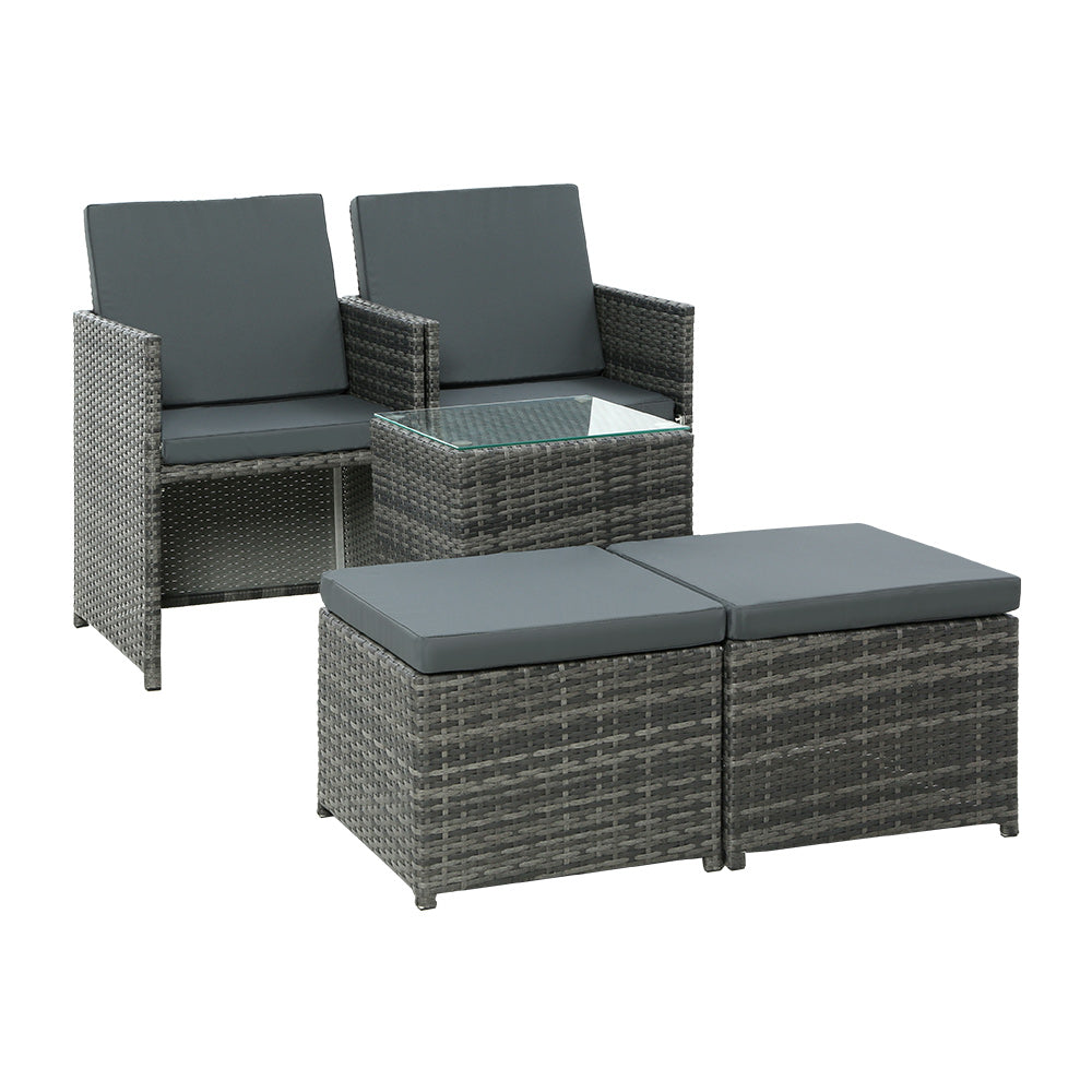 5-Piece Grey Wicker Outdoor Bistro Set with Cushions Table & Ottomans