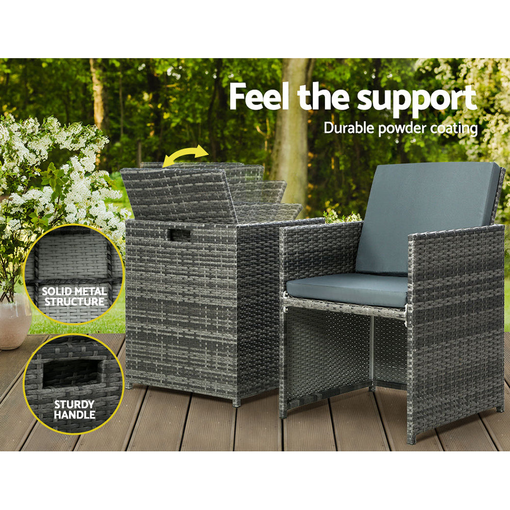 5-Piece Grey Wicker Outdoor Bistro Set with Cushions Table & Ottomans