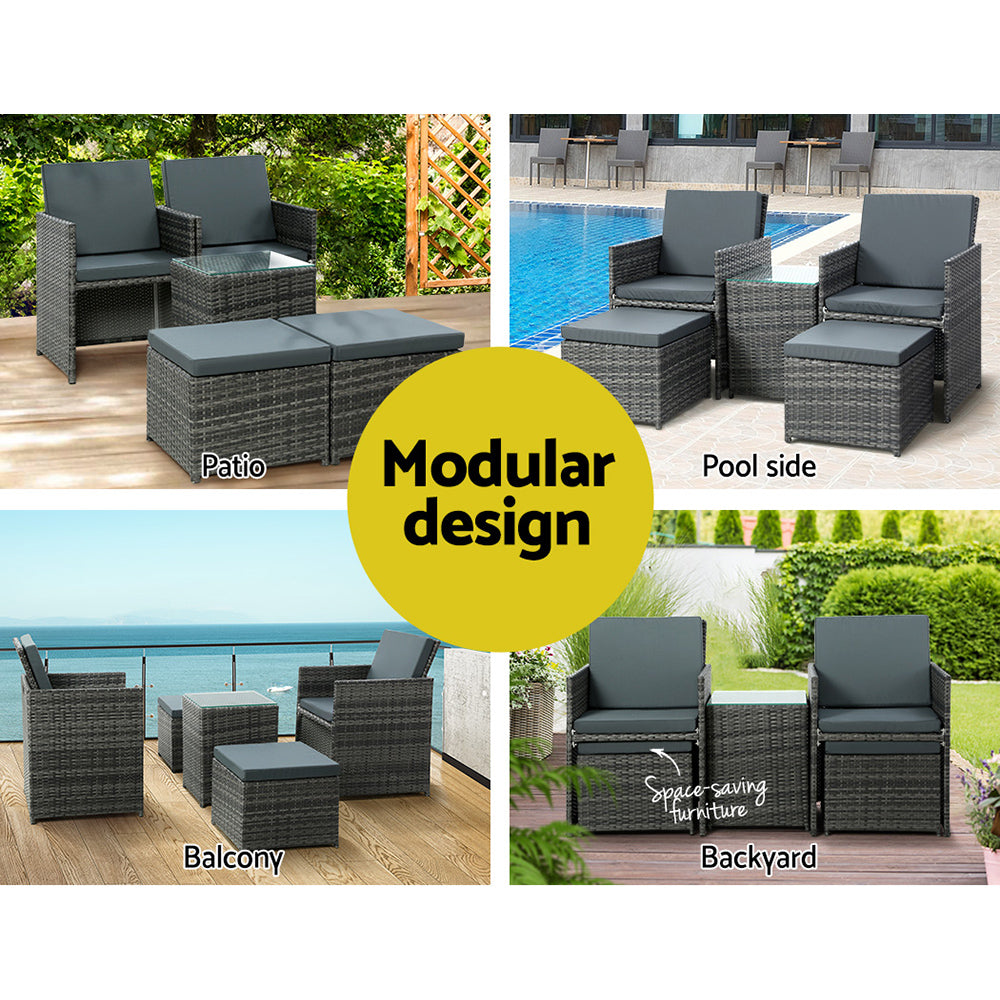 5-Piece Grey Wicker Outdoor Bistro Set with Cushions Table & Ottomans