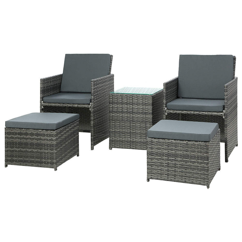5-Piece Grey Wicker Outdoor Bistro Set with Cushions Table & Ottomans