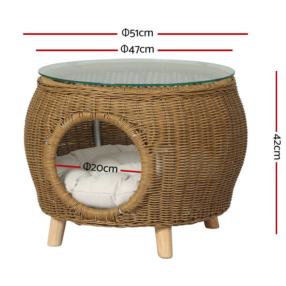 Wicker Coffee Side Table With Pet Bed Storage - Outdoor Aluminum