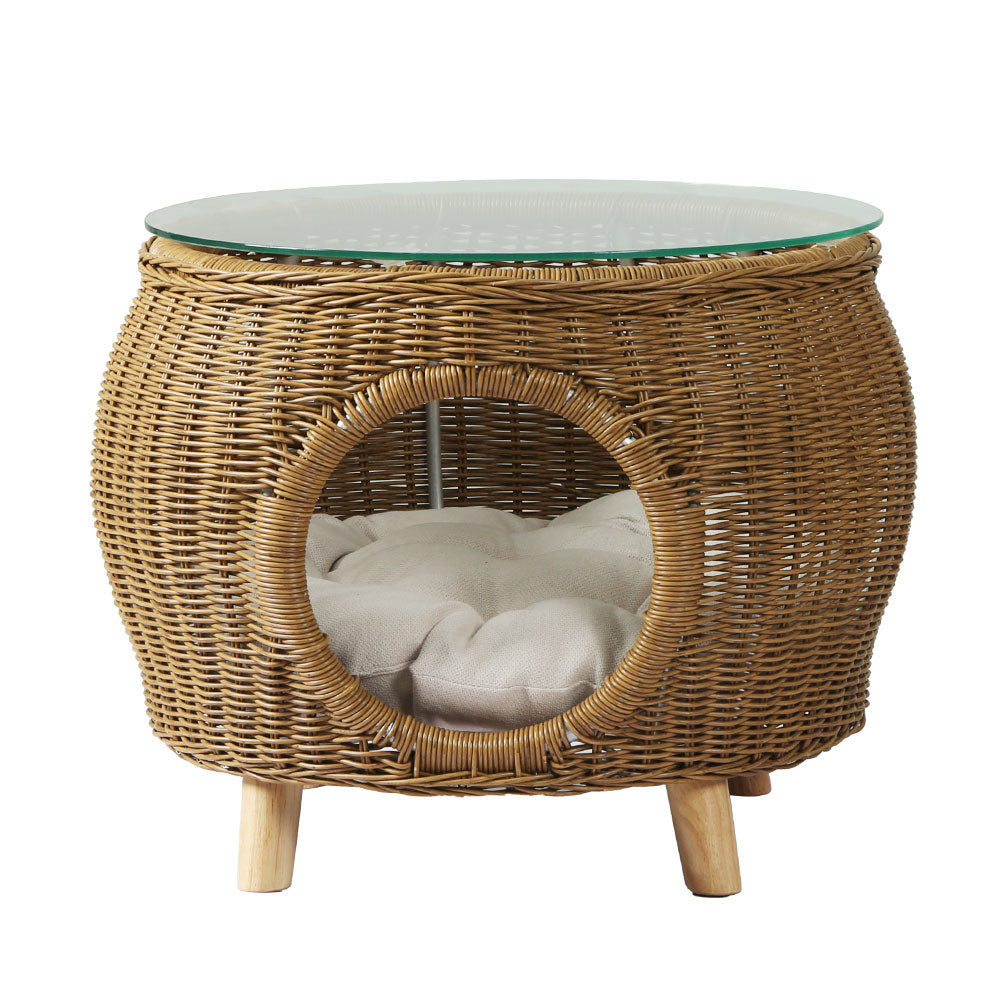 Wicker Coffee Side Table With Pet Bed Storage - Outdoor Aluminum
