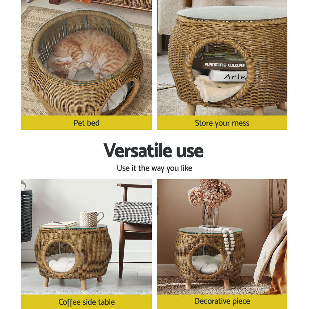 Wicker Coffee Side Table With Pet Bed Storage - Outdoor Aluminum
