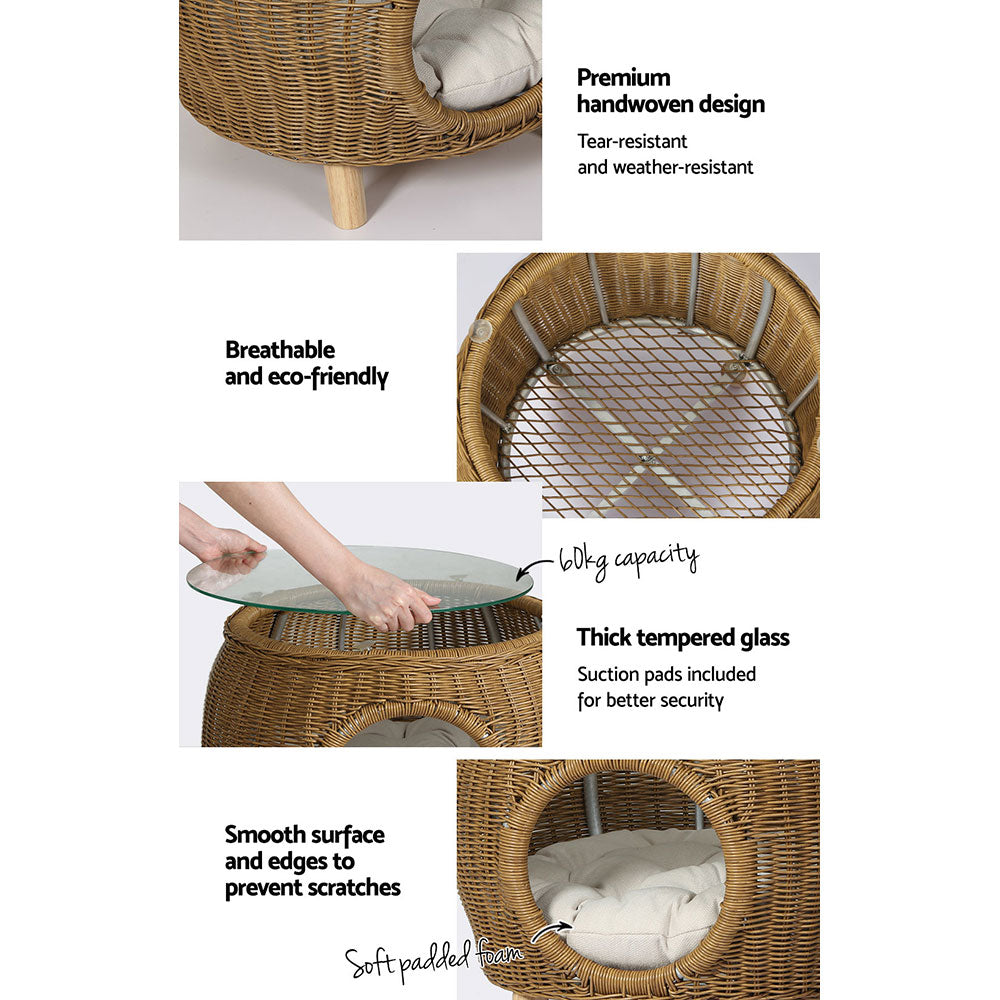 Wicker Coffee Side Table With Pet Bed Storage - Outdoor Aluminum