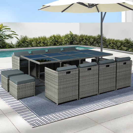 Outdoor Dining Set 13 Piece Wicker Table Chairs Setting Grey - Pcs Patio Lounge Furniture