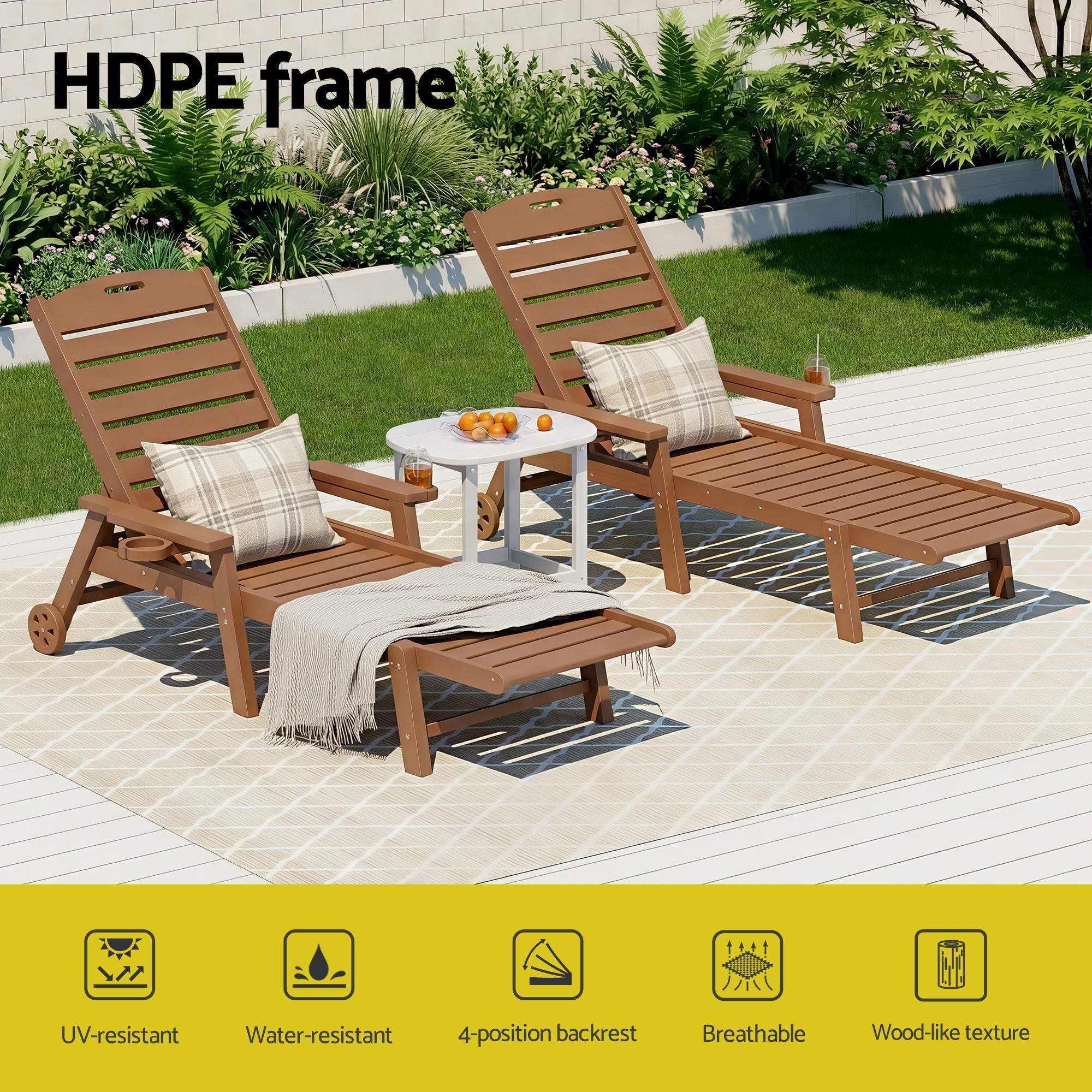 Sun Lounge Set 3 Piece HDPE Outdoor Recliner | Simpledeals