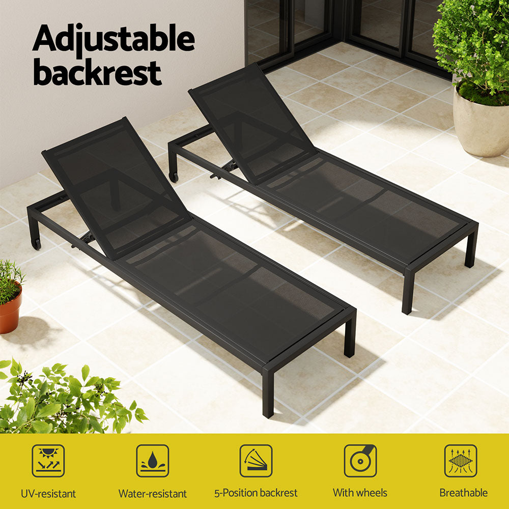 Sun Lounge Outdoor Lounger Aluminium Folding Beach Chair Wheels Black | Black colour