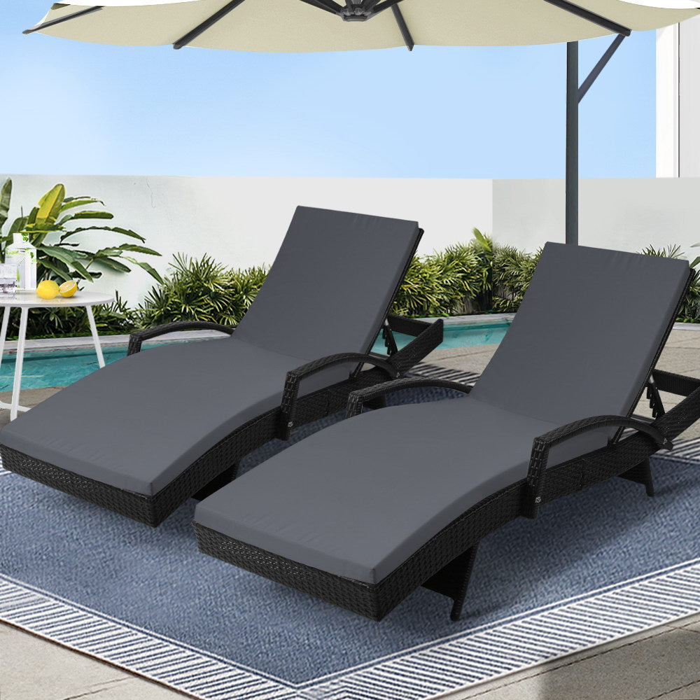 2Pc Adjustable Wicker Beach Chair Black Patio Lounger Set