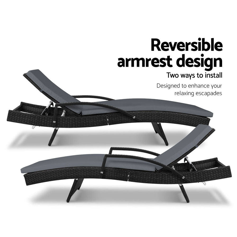 2Pc Adjustable Wicker Beach Chair Black Patio Lounger Set
