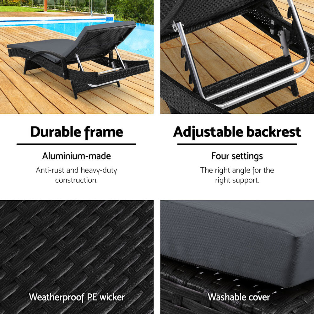 2Pc Adjustable Wicker Beach Chair Black Patio Lounger Set