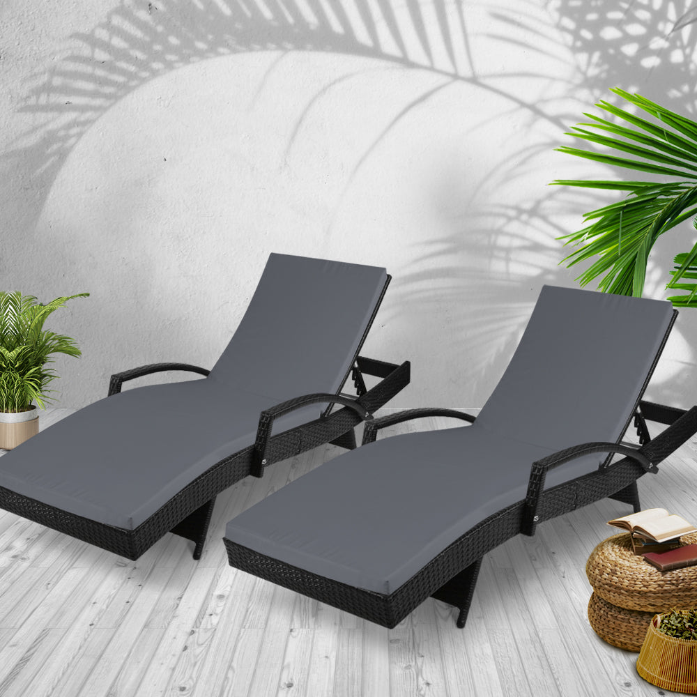 2Pc Adjustable Wicker Beach Chair Black Patio Lounger Set