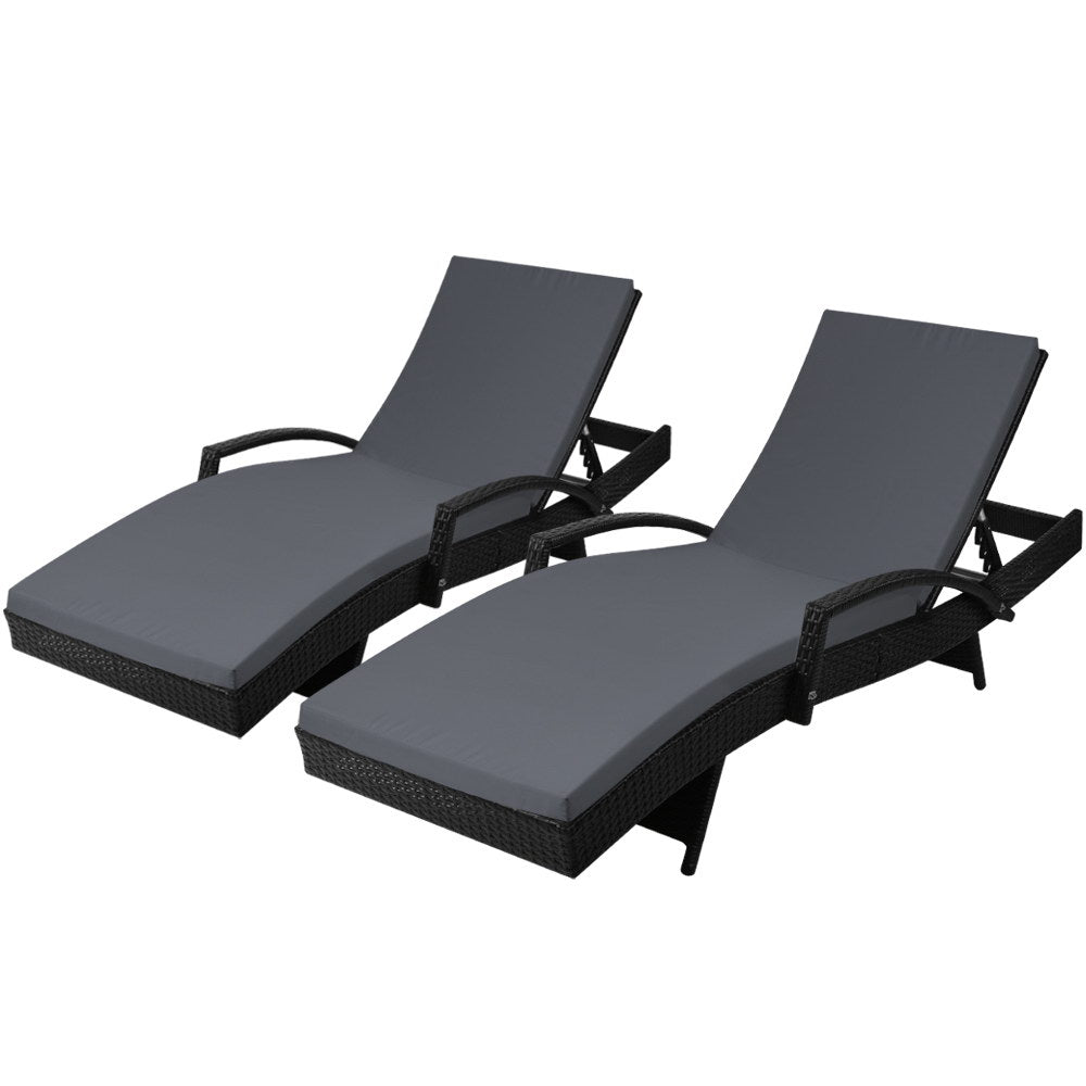 2Pc Adjustable Wicker Beach Chair Black Patio Lounger Set