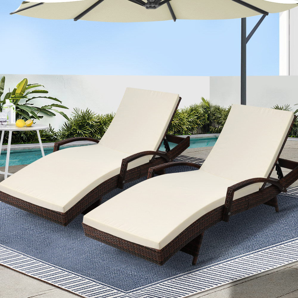 2Pc Adjustable Wicker Beach Chair Patio Lounger Brown
