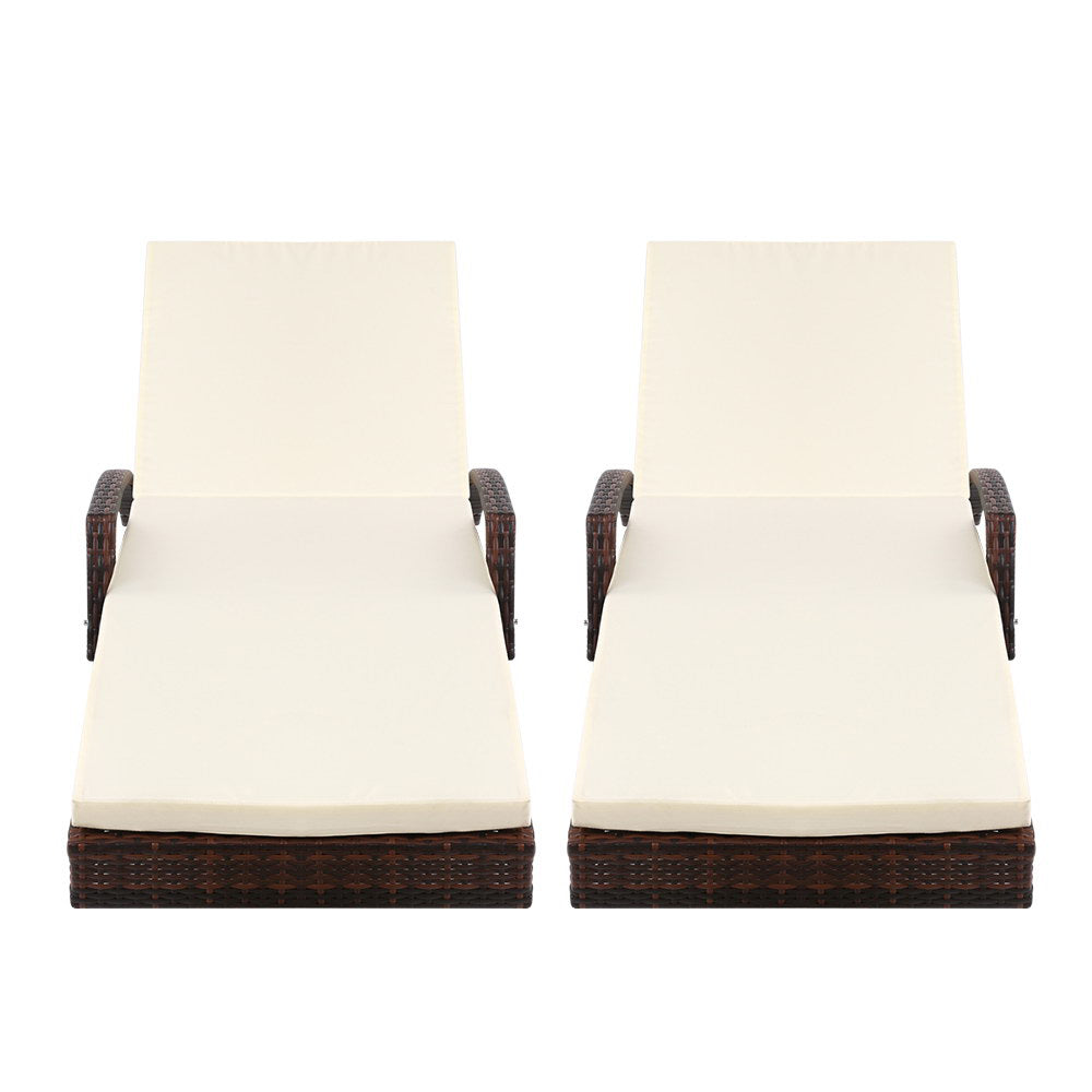 2Pc Adjustable Wicker Beach Chair Patio Lounger Brown