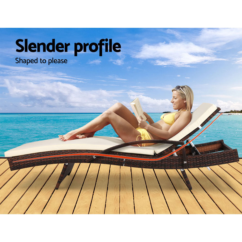 2Pc Adjustable Wicker Beach Chair Patio Lounger Brown
