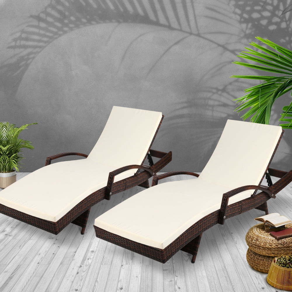 2Pc Adjustable Wicker Beach Chair Patio Lounger Brown
