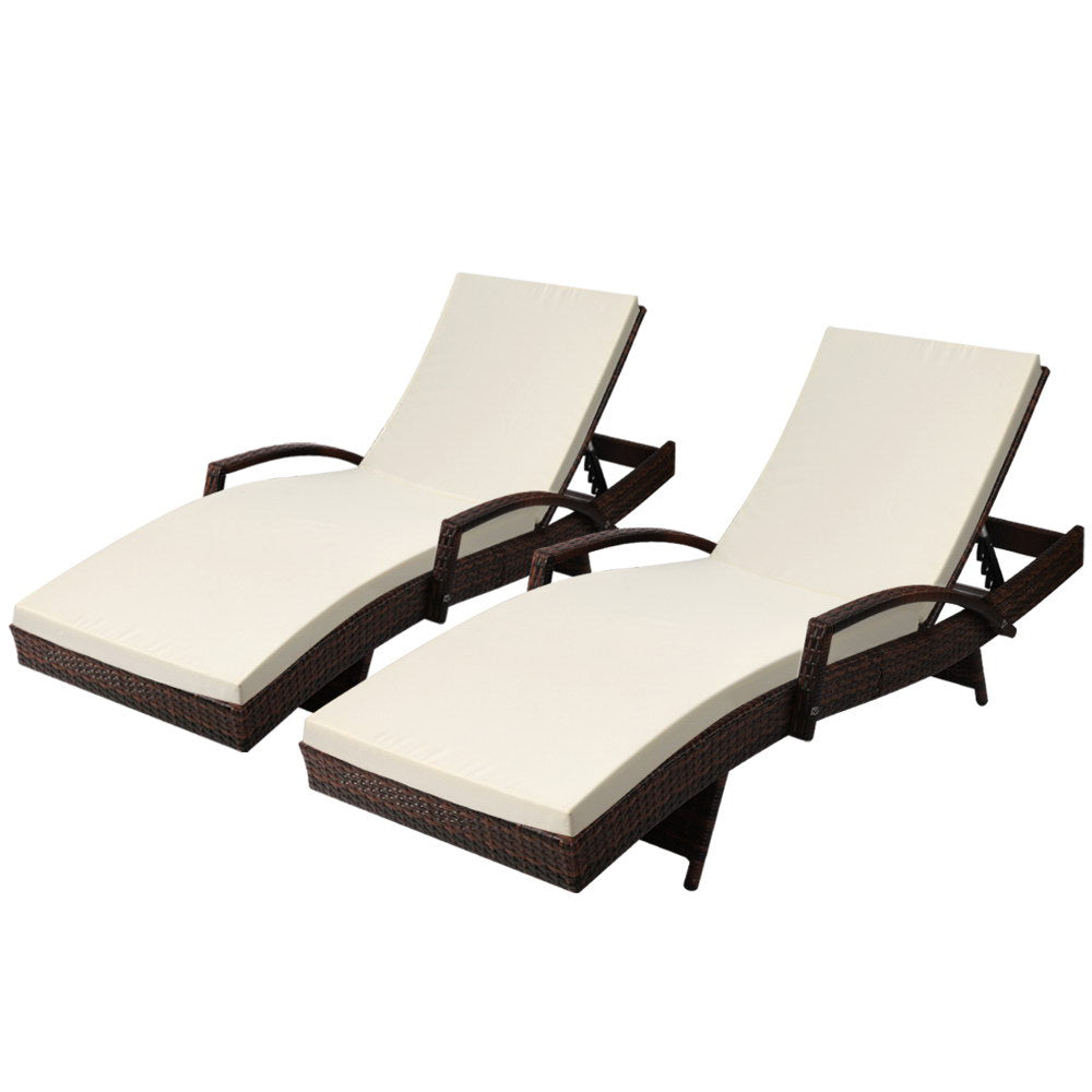 2Pc Adjustable Wicker Beach Chair Patio Lounger Brown