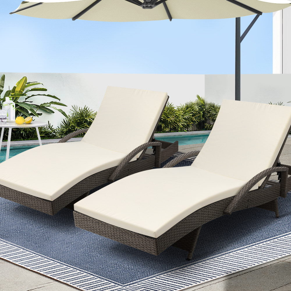 2Pc Adjustable Wicker Beach Chair Patio Lounger Grey&Beige