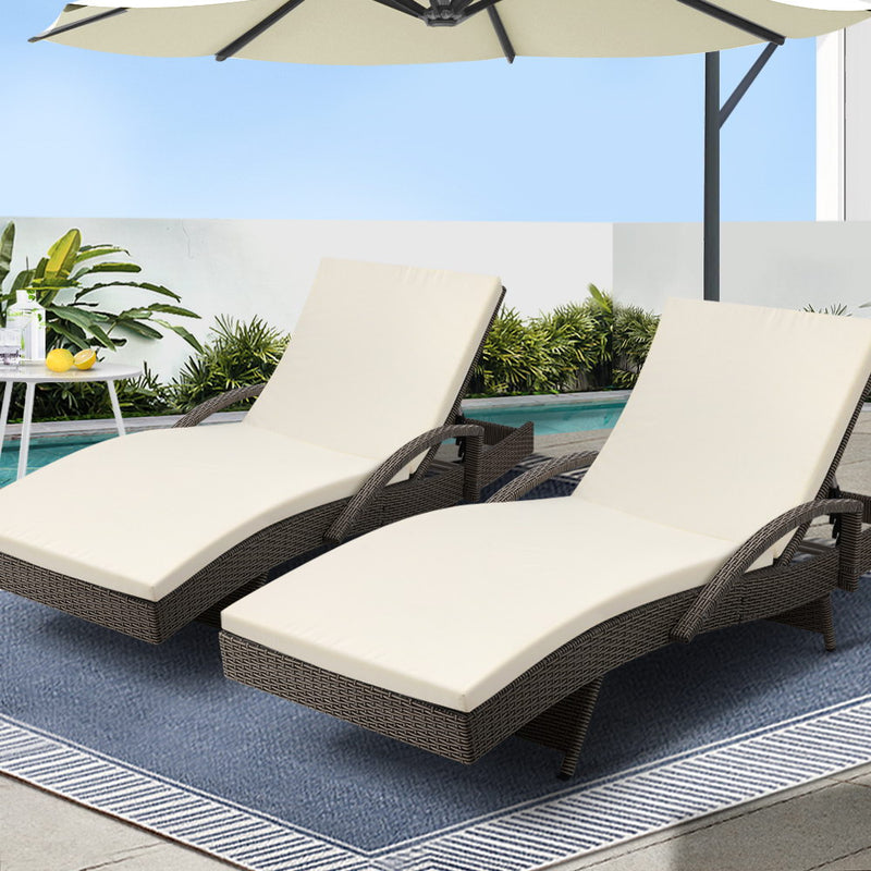 2Pc Adjustable Wicker Beach Chair Patio Lounger Grey&Beige