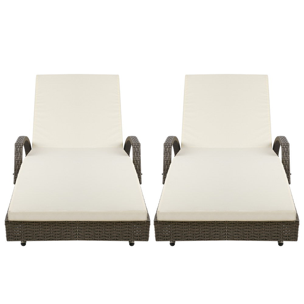 2Pc Adjustable Wicker Beach Chair Patio Lounger Grey&Beige