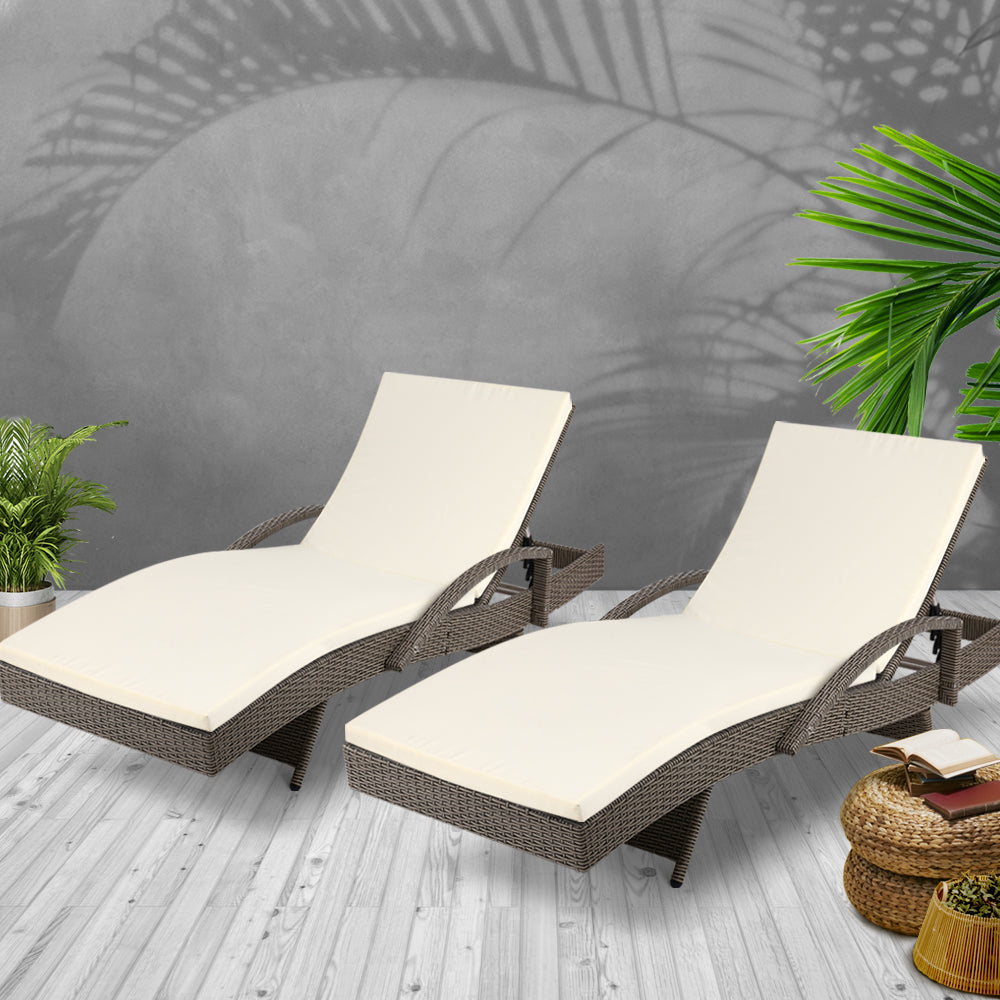 2Pc Adjustable Wicker Beach Chair Patio Lounger Grey&Beige