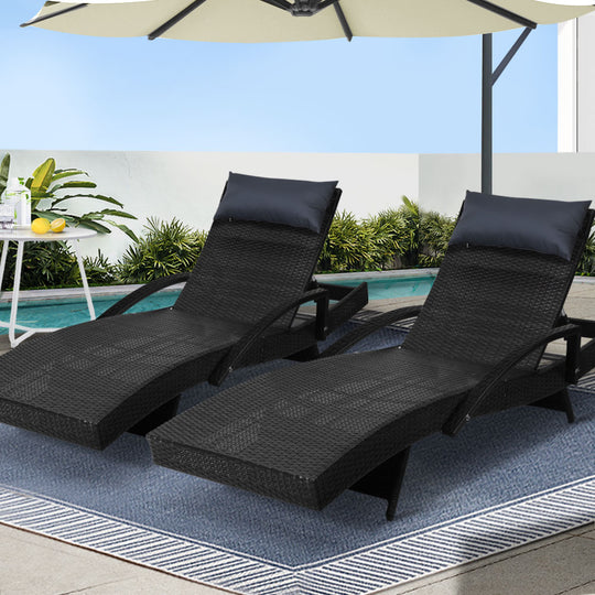 2X Adjustable Wicker Beach Chair Armrest Black