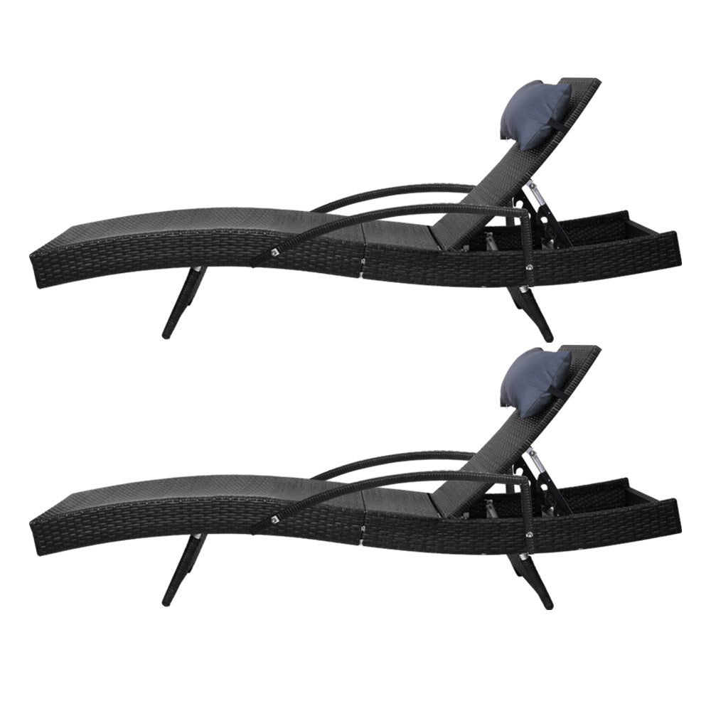 2X Adjustable Wicker Beach Chair Armrest Black