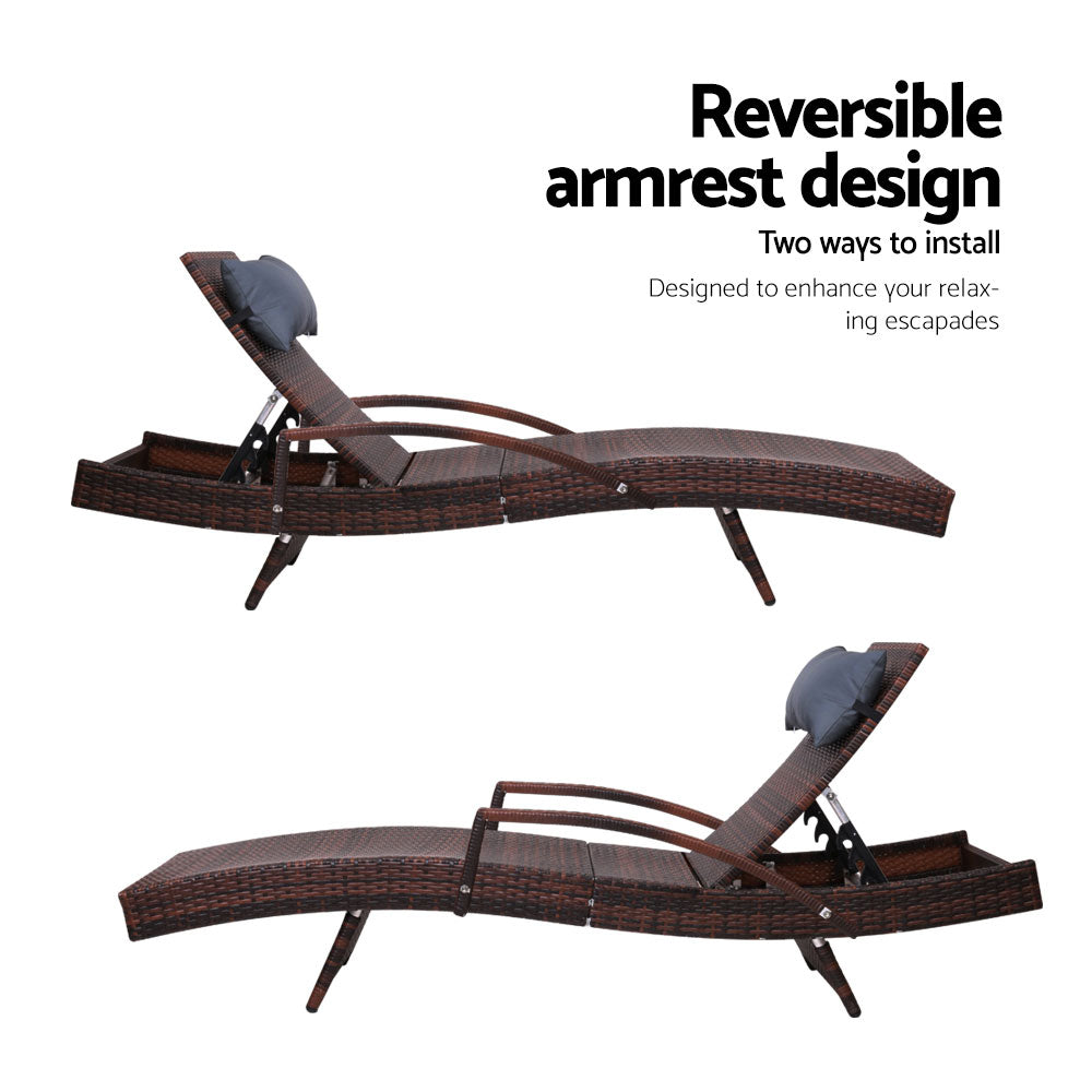 2X Adjustable Wicker Beach Chair Armrest Brown