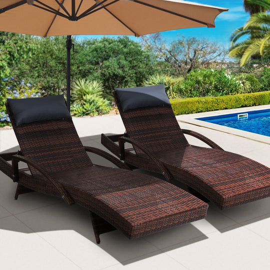 2X Adjustable Wicker Beach Chair Armrest Brown - Gardeon Outdoor Sun Lounge