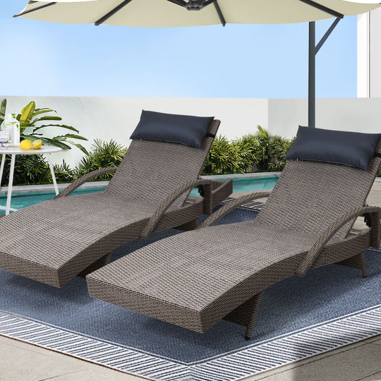 2X Adjustable Wicker Beach Armchair Grey&Beige - Gardeon Outdoor Sun Lounge