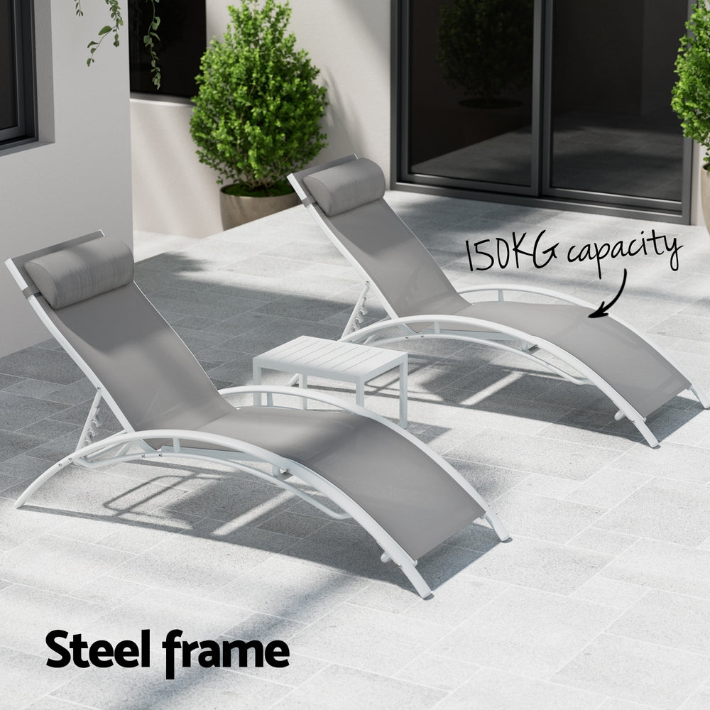 3PC Sun Lounge Outdoor Lounger Table Chairs Steel Patio Furniture Garden, Outdoor Sofas & Lounge Sets