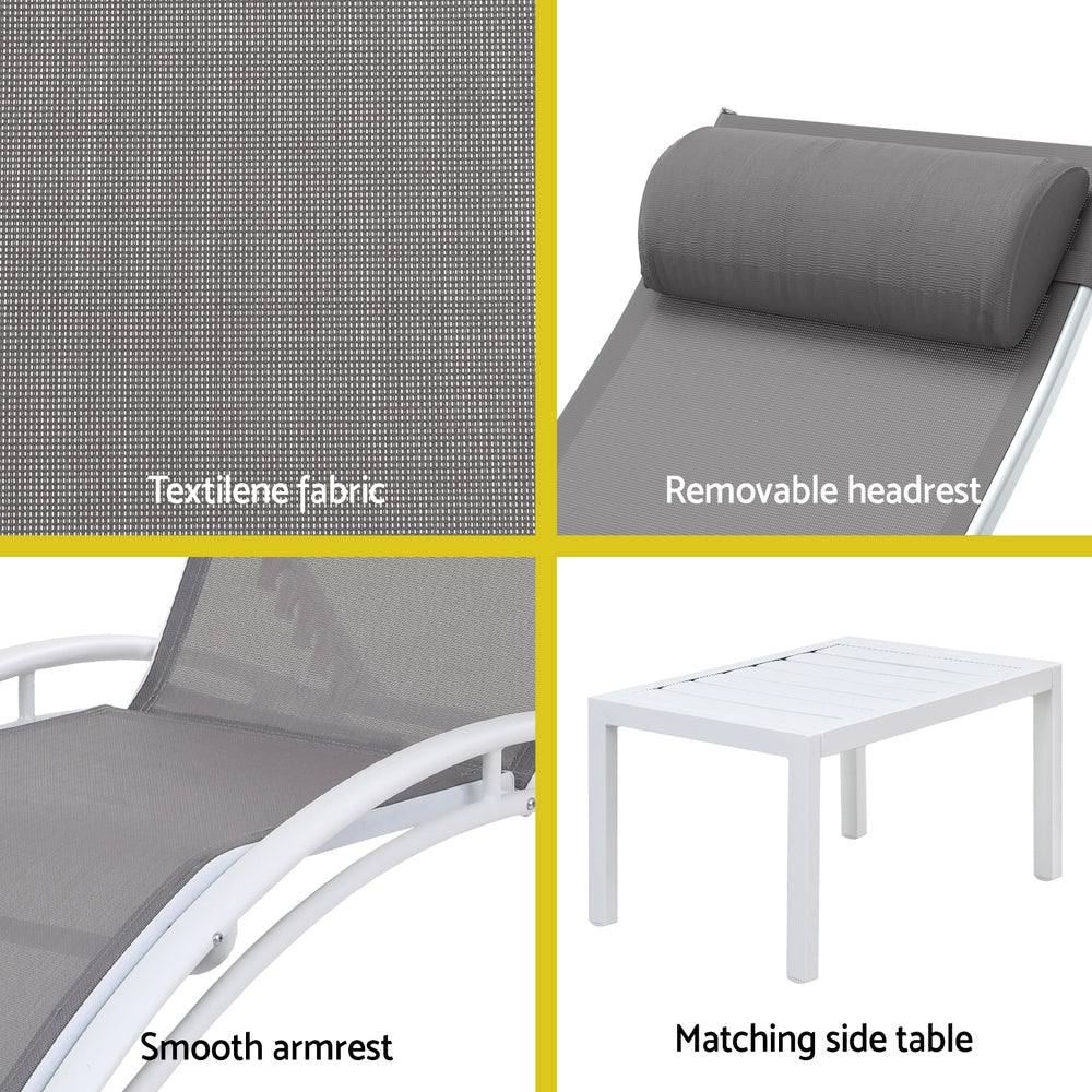 3PC Sun Lounge Outdoor Lounger Table Chairs Steel Patio Furniture Garden, Steel finish