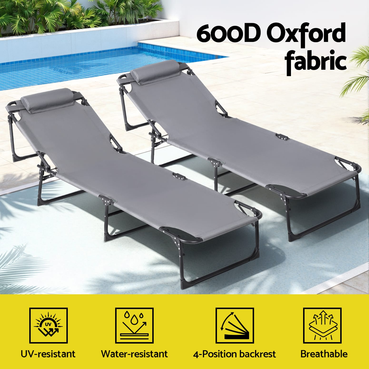 Folding Lounge Chair Grey 190x63x32cm