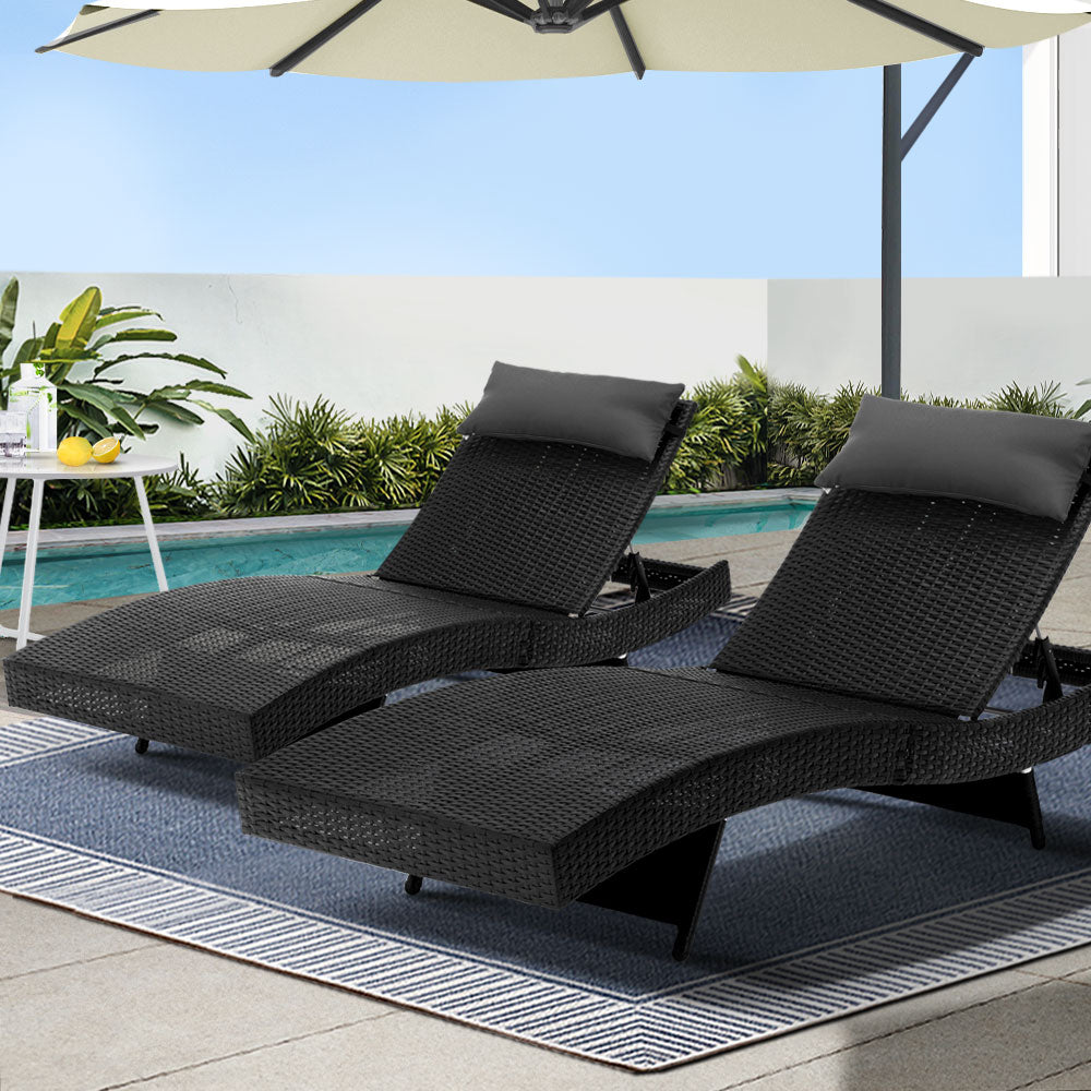 2Pc Adjustable Black Wicker Beach Chair Garden Lounger