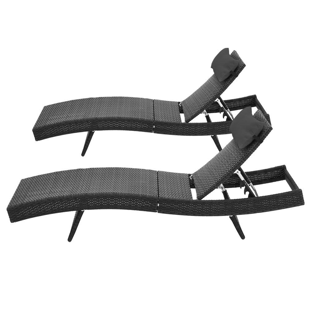 2Pc Adjustable Black Wicker Beach Chair Garden Lounger