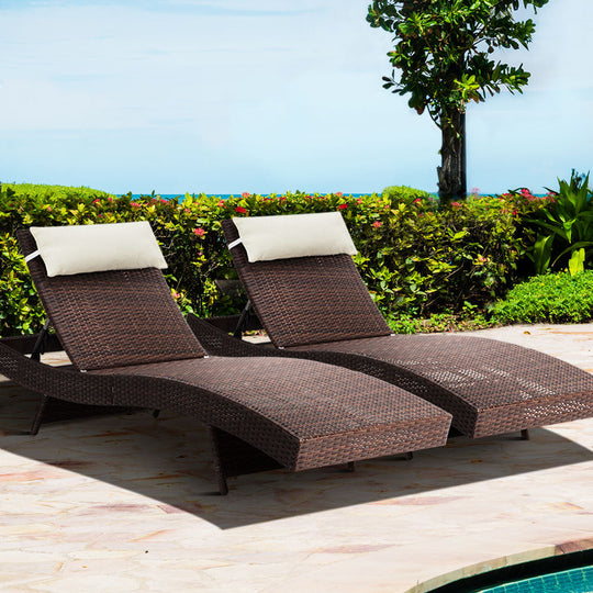 Outdoor Sun Lounge Setting Wicker Lounger Rattan Patio Furniture Brown - Outdoor Chairs
