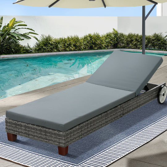 Grey Patio Day Bed With Wheels - Sun Lounge Wicker Lounger