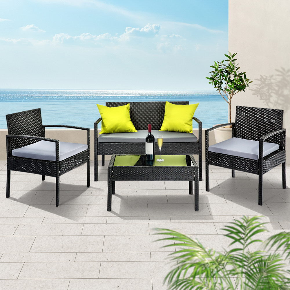 4 Seater Sofa Set Outdoor Furniture Lounge Setting Wicker Chairs Table Rattan Lounger Bistro