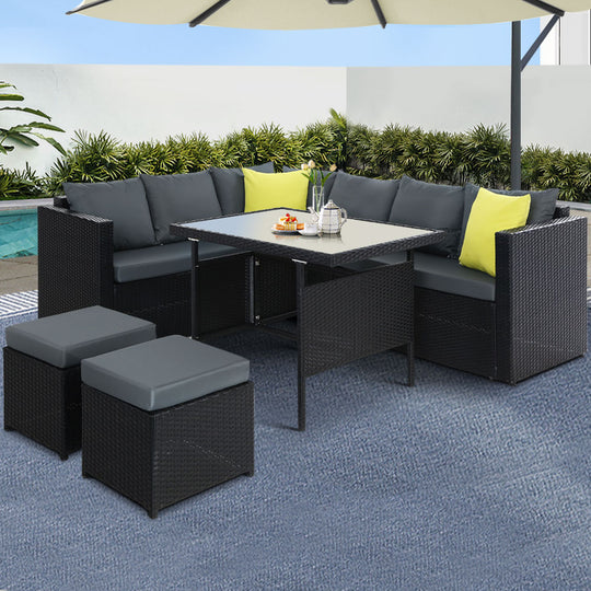 Outdoor Dining Set Aluminum Table Chairs Wicker Setting Black - Gardeon Furniture Patio Sofa
