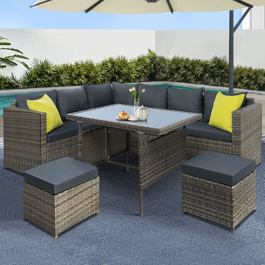 Outdoor Dining Set Aluminum Table Chairs Wicker Setting Grey - Gardeon Furniture Patio Sofa