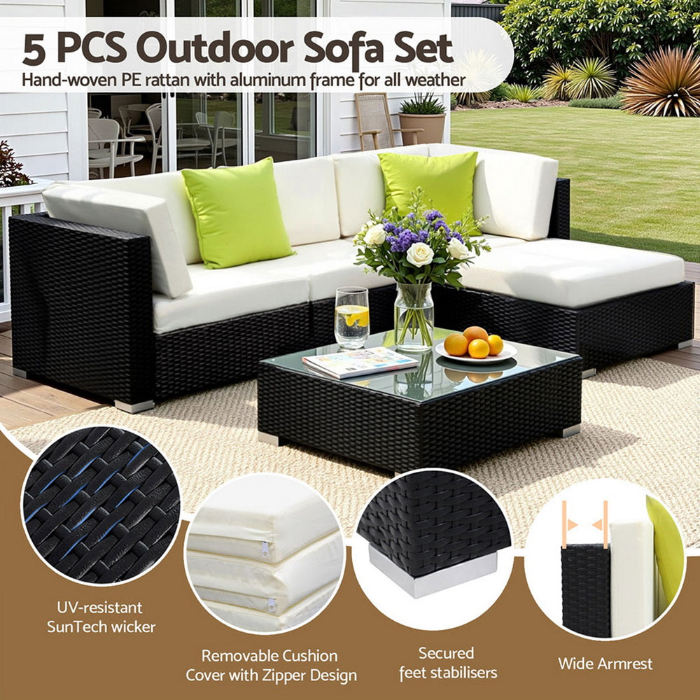 5-Piece Outdoor Sofa Set Wicker Couch Lounge Setting Cover