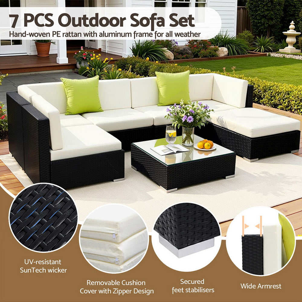 7-Piece Outdoor Sofa Set Wicker Couch Lounge Setting Cover