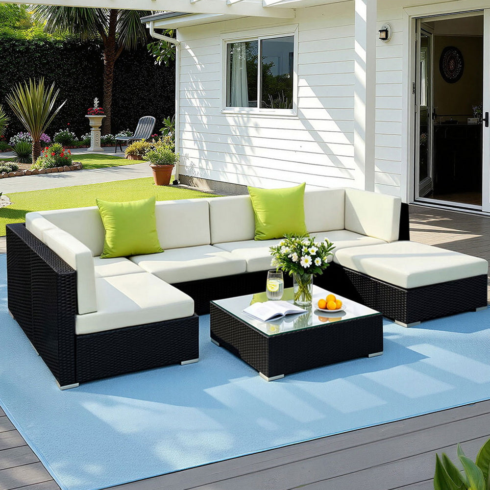 7-Piece Outdoor Sofa Set Wicker Couch Lounge Setting Cover