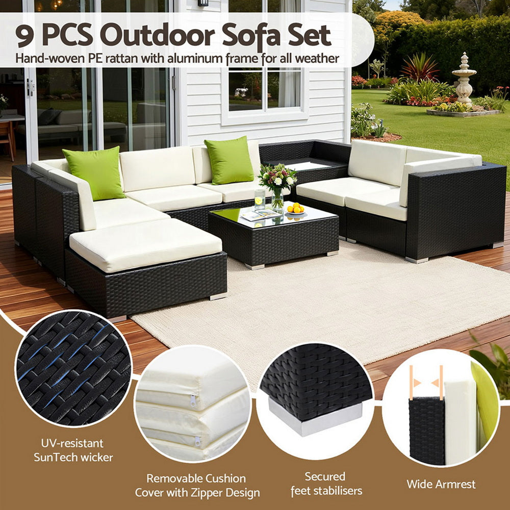 9-Piece Outdoor Sofa Set Wicker Couch Lounge Setting Cover