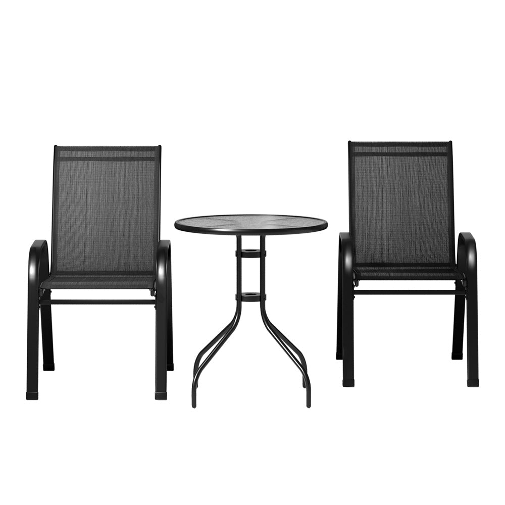 3PC Outdoor Bistro Set Table and Chairs Stackable Patio Furniture Black | Black colour