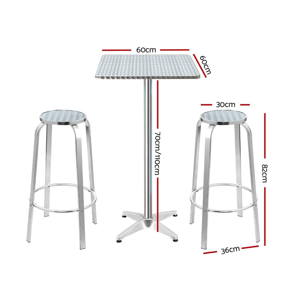3-Piece Outdoor Bar Set Bistro Table Stools Adjustable Square Cafe | Table & Bar Stools