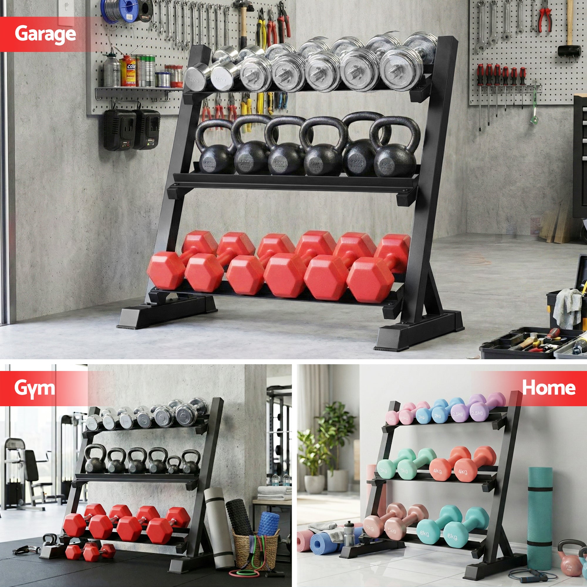 Heavy Duty 3-Tier Dumbbell Rack 300kg Storage for Home Gym Organization